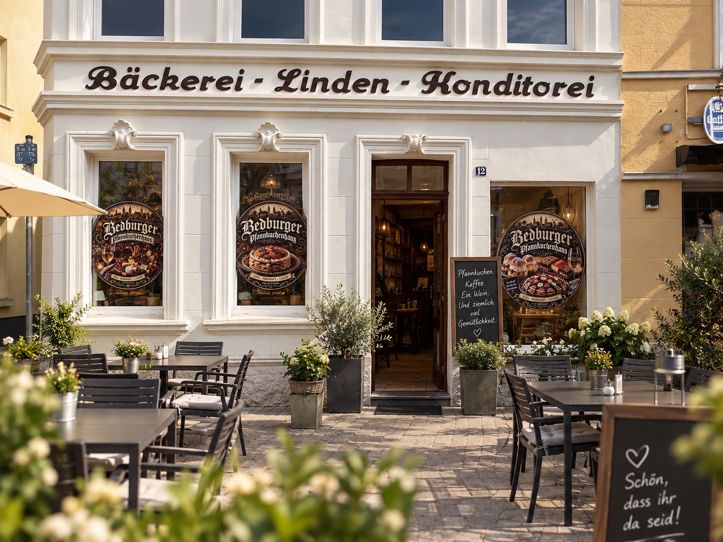 Historische Fassade und Terrasse des Bedburger Pfannkuchenhauses am Marktplatz