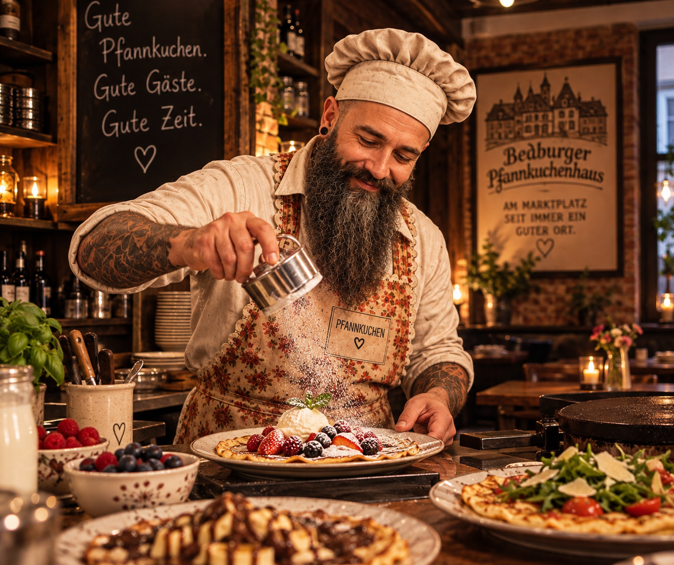 Patrick mit Kochmütze und floraler Schürze bereitet einen Pfannkuchen zu