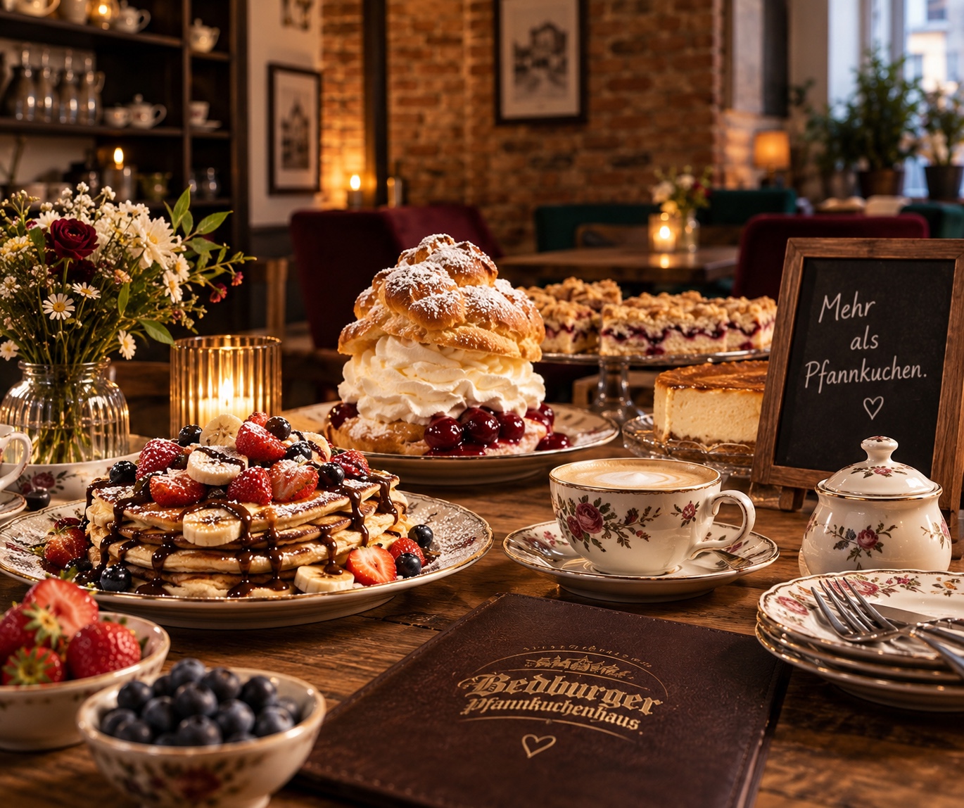 Pfannkuchen, Windbeutel, Kuchen und Kaffee auf einem gedeckten Holztisch