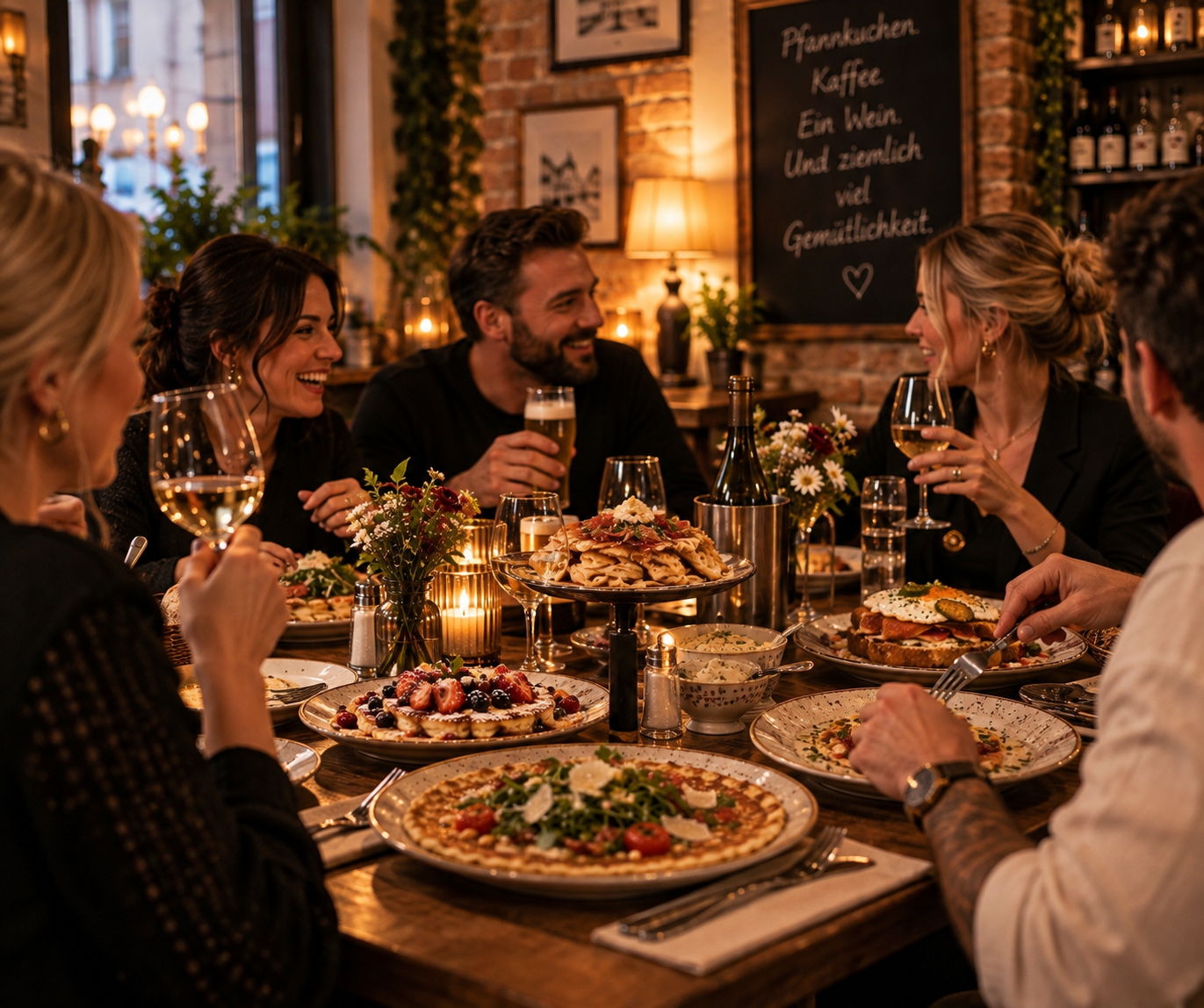 Freunde beim gemeinsamen Essen, Reden und Anstoßen im Pfannkuchenhaus
